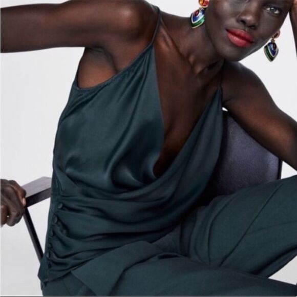 ZARA | NEW Forest Green Faux Wrap Button Side Sleeveless Top Women’s Size Large - Picture 3 of 11